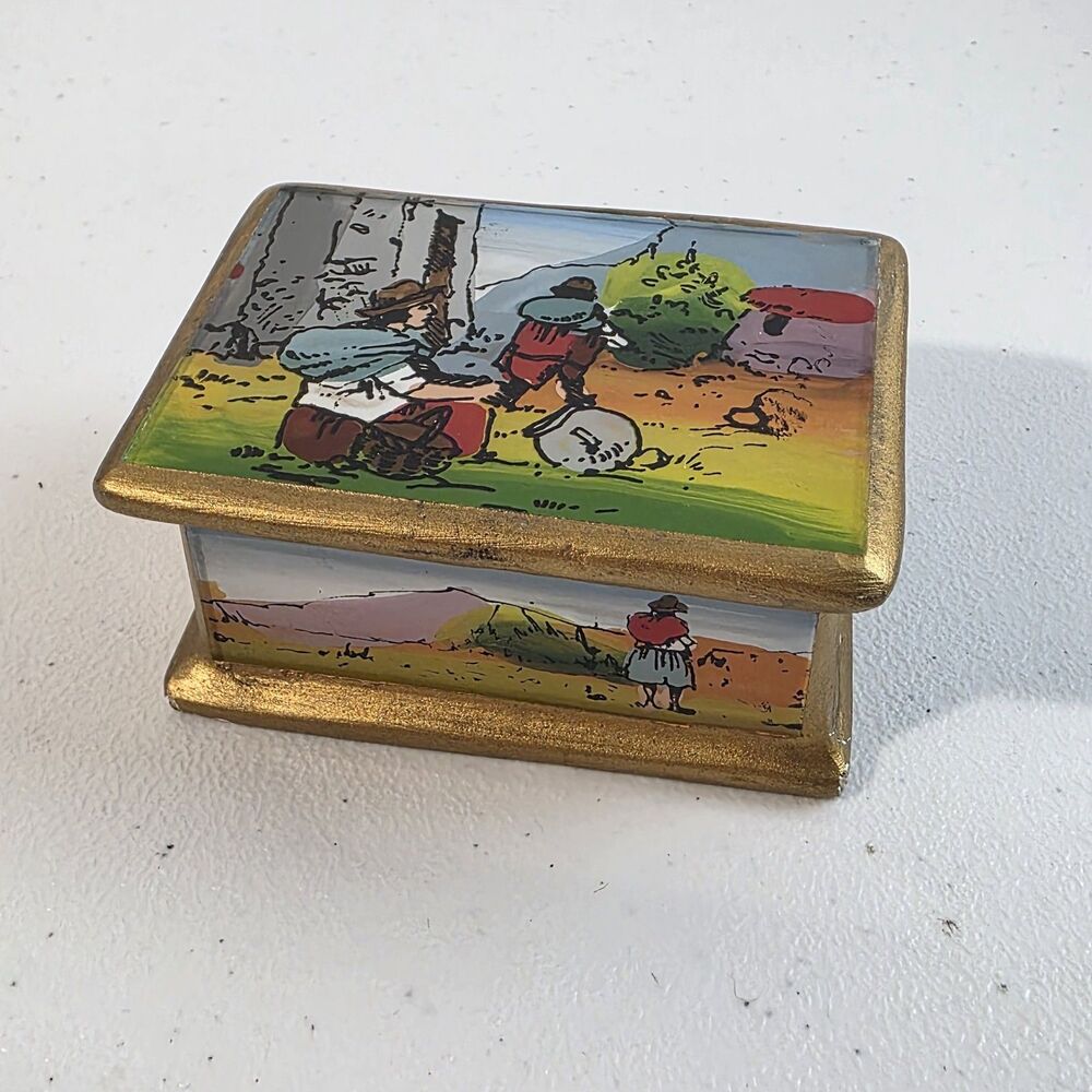 Painted Wooden Trinket Box Southwestern Desert  Gold Trim Village 3"X 1.5" X 2.2